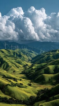 Wind turbines on rolling green hills clouds casting shadows epic scale white background