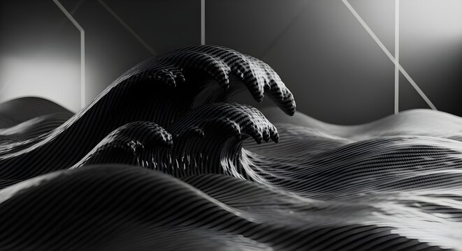 Abstract 3D waves with carbon fiber texture and metallic highlights. Dark high-tech landscape with geometric lines and sharp wave crests in monochrome.