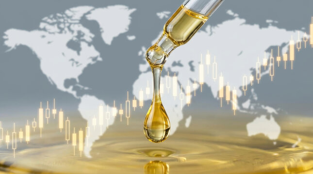 Oil dropper droplet price chart world map oil dropper and droplet over world map with rising price chart oil shock concept highlighting global energy market volatility and inflation pressure