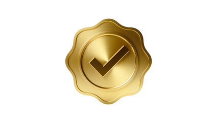 Shiny golden round seal, displaying a prominent checkmark symbol inside © Vetle