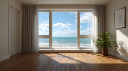 Fototapeta premium Bright empty room with a large window offering a serene view of the ocean and beach on a sunny day