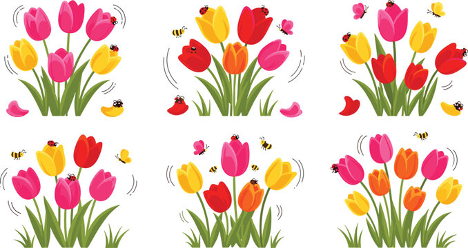 Tulip flowers with bees vector set colorful spring garden blossoms with flying insects and floral nature illustrations