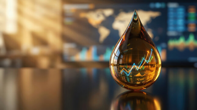 Oil shock concept energy price market oil drop desk with financial chart reflection oil shock concept and energy price surge market volatility trading screen background with global map and bullish