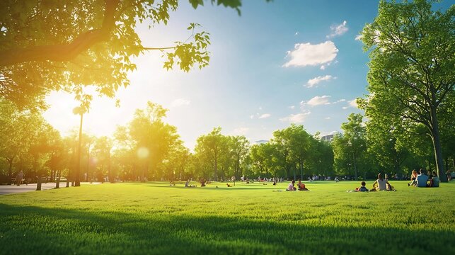 Vibrant green lawn in a public park with families enjoying a sunny afternoon picnic trees providing shade and children playing embodying the joy of outdoor life in a community space