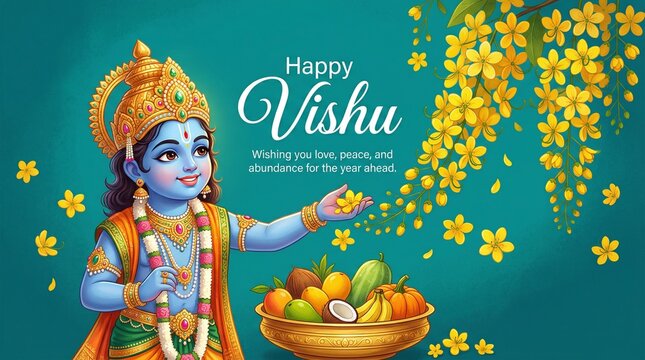Happy Vishu greetings. April 14 Kerala festival with Vishu Kani. Abstract vector illustration design