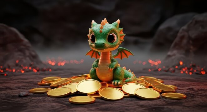 Tiny green dragon sits upon a hoard of shining golden coins inside a dark cavern.