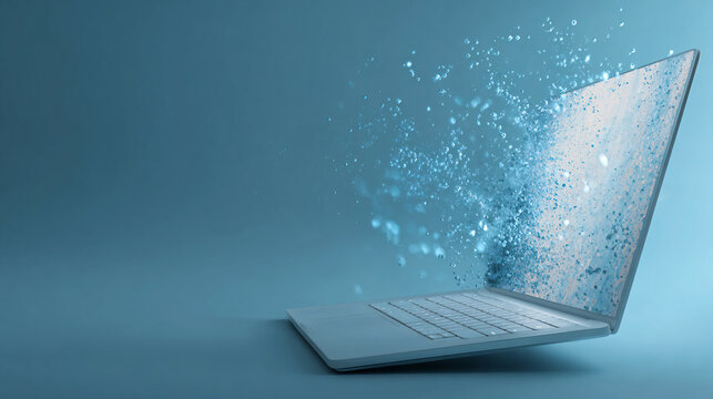 Laptop dissolving into particles. Concept of data loss, digital transformation, cyber risk, and technology failure.