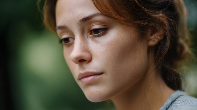 Close up portrait of a young woman with freckles looking down with a thoughtful and pensive expression in a natural outdoor setting