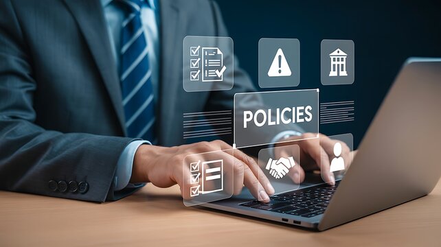 A business professional working on a laptop with digital policy management icons floating above