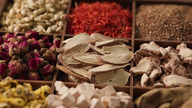 360-degree rotating video of traditional herbal ingredients arranged in a wooden compartment box. Includes sliced roots, dried rose buds, safflower, and other botanicals. 