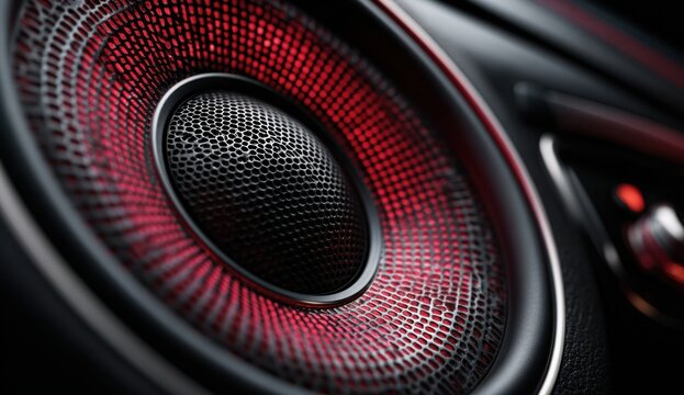 A car audio speaker installed in a car door with red accents and mesh cover, showing detailed texture and material