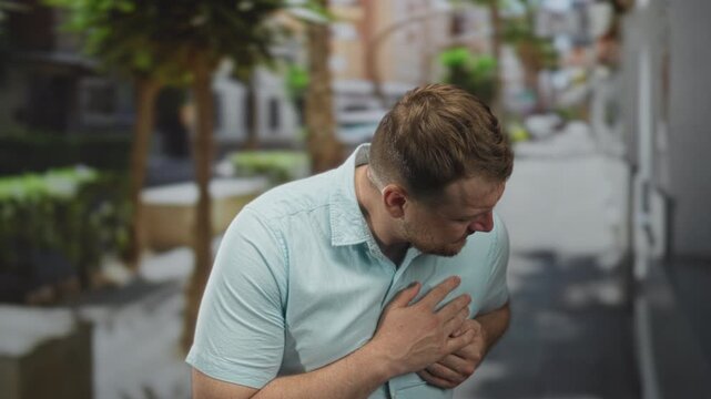 Man clutching chest on a city street with hands pressed to sternum, appearing to suffer heartattack; panic emergency help.