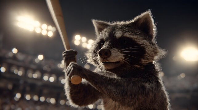Raccoon grips a baseball bat, ready to swing
