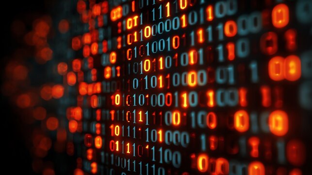 A close-up view of illuminated binary code displayed in vibrant red and orange colors. This image represents digital data, programming, and modern technology concepts.