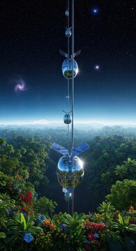 Futuristic orbital elevator modules ascend along a cable above a vibrant tropical rainforest.