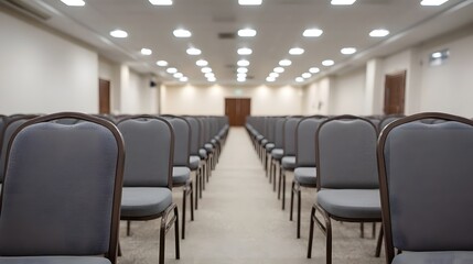Fototapeta premium An empty conference hall with rows of gray chairs illuminated by bright ceiling lights viewed from the front