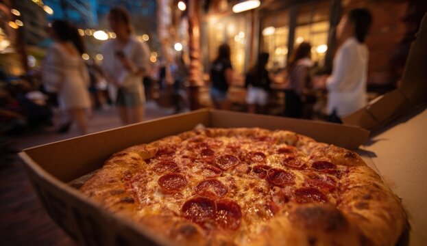 A freshly baked pizza in a box with crispy, golden-brown crust topped with melted cheese and round pepperoni slices