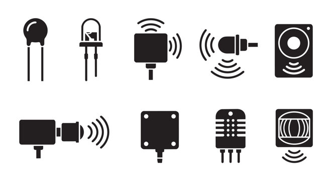 PrintElectronic Sensors and Detectors Silhouette Icon Set, Black Vector Engineering Components for Temperature, Light, and Motion Sensing.