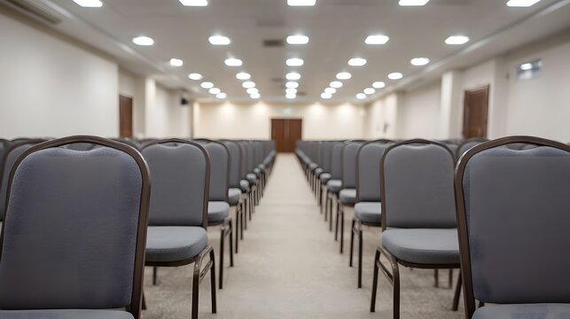 An empty conference hall with rows of gray chairs illuminated by bright ceiling lights viewed from the front