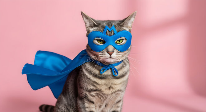Supercat a tabby cat dressed as a blue superhero with a cape