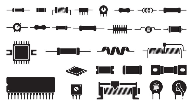 PrintElectronic Resistor Icons Set - Professional Black Vector Silhouettes of Circuit Components on Isolated White Background.