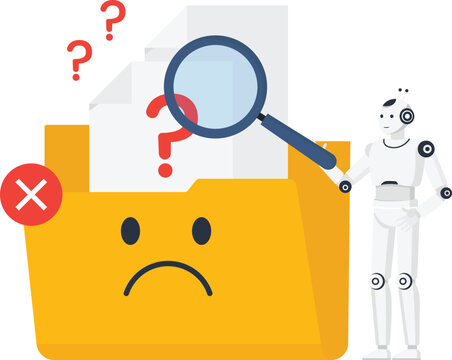 White robot searching missing data file folder magnifying glass digital error concept artificial intelligence system failure technology problem solving sad face icon red question marks