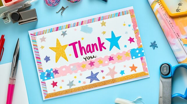 Vibrant handmade thank you card decorated with colorful washi tape glittery stars and a hand lettered Thank You message The card is on a craft desk with tools like scissors and markers nearby