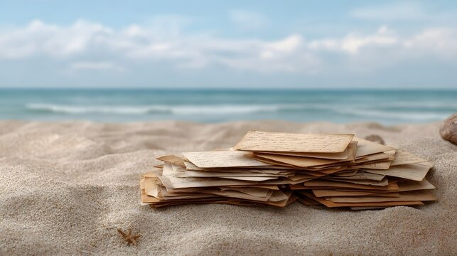 A stack of old weathered letters rests on a sandy beach with the ocean and sky in the background