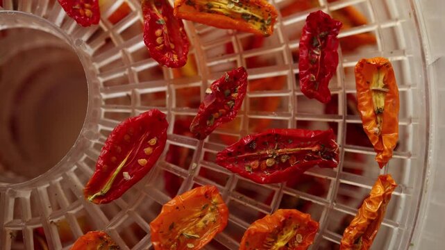 Bright red and yellow cherry tomatoes are arranged in a dehydrator, drying under warm air. This healthy method preserves their flavor, perfect for summer snacks.