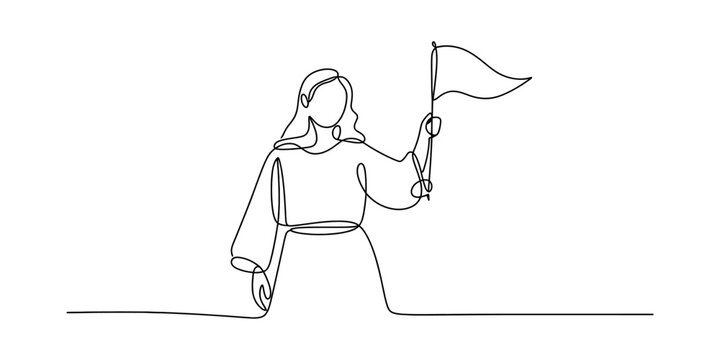 Minimalist continuous line drawing of a person holding a small flag on a white background design Vector, illustration