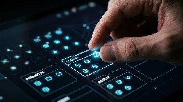 Hand interacting with a futuristic digital interface displaying design and project management elements