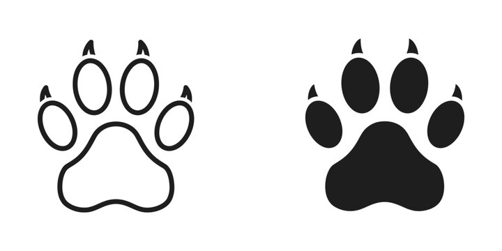 Minimalist vector set of dog or cat paw prints in solid and outline styles, ideal for pet-themed branding, logos, stickers, and educational materials in scalable format.