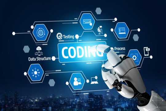 A futuristic robotic hand interacts with a digital coding interface, showcasing important concepts like data structure, testing, and programming in a modern tech landscape. Tessel