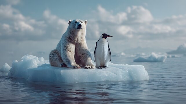 Polar bear and penguin sit side by side on floating ice