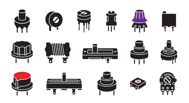 PrintPotentiometer and Variable Resistor Icon Set - Black Vector Silhouettes of Electronic Control Components Isolated on White Background.