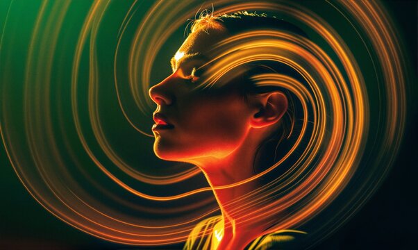 Woman portrait with orange light painting spiral on face for mental health and energy concept