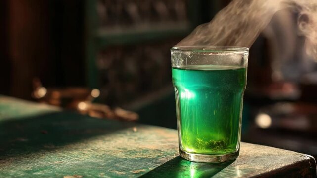 Emerald Elixir: A vibrant green drink steams invitingly in a glass, with a subtle play of light that evokes feelings of warmth and comfort. The essence of freshness and tranquility.