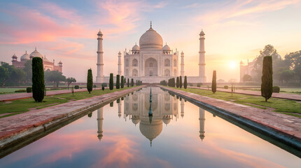 Majestic Taj Mahal at Sunrise with Reflective Pool and Garden Landscape.
