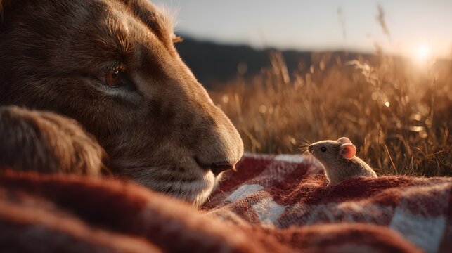 Golden light bathes a lion's face and a tiny mouse