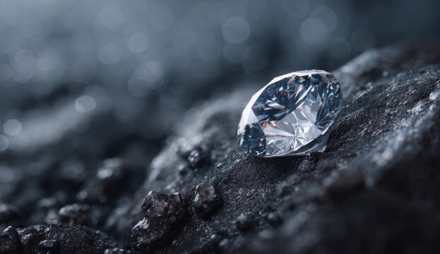 A sparkling diamond resting on dark, rough rocks with high reflection and clarity