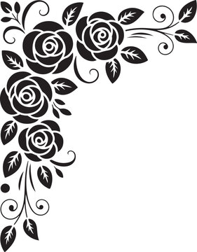 Black rose bouquet corner accent with swirling vines and leaves on a transparent background, romantic and detailed.