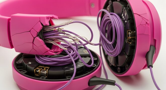 Severely broken pink over-ear headphones with exposed tangled wires, highlighting electronic device failure, wear and tear, and the concept of planned obsolescence