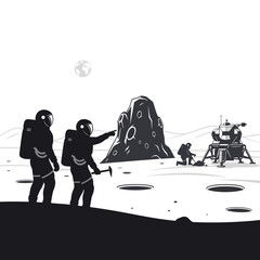 Astronauts exploring lunar surface with rover and equipment. © Suhadi