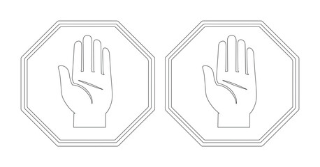 Obraz premium Stop hand gesture vector icon, outlined human palm symbol, warning and prohibition sign, isolated black and white graphic element for UI/UX design
