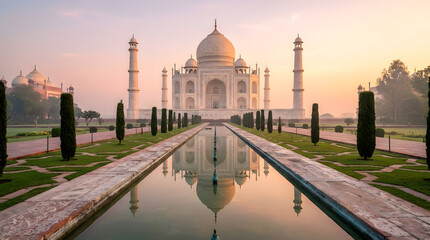 Beautiful Taj Mahal at Sunrise - Iconic Indian Mughal Monument and World Heritage Site.