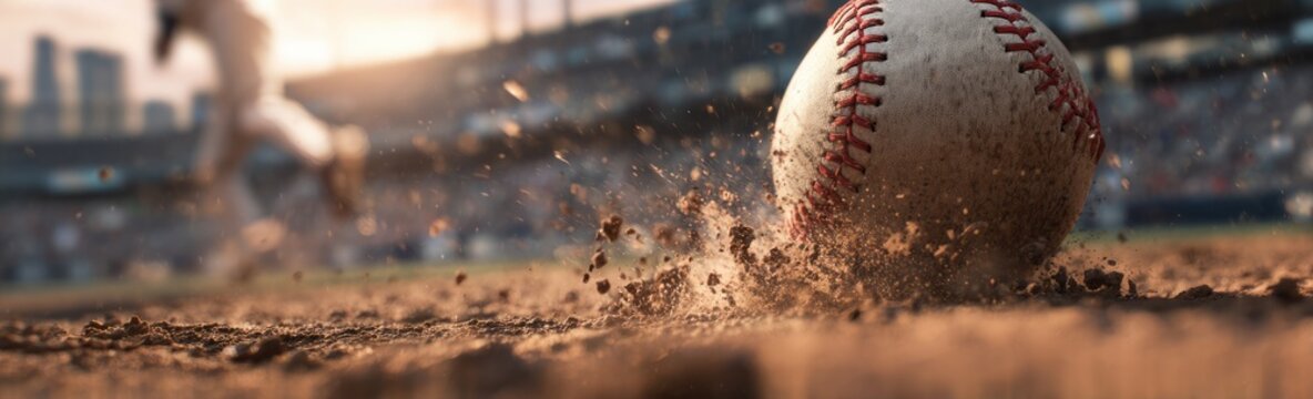A worn baseball with visible leather texture and red stitching, kicking animated movie dirt as it rolls along in a game setting
