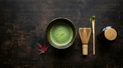 Matcha Green Tea in Traditional Bowl with Bamboo Whisk and Wooden Lid.