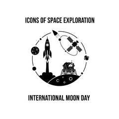 Icons of Space Exploration International Moon Day Rocket Satellite Lander. © Suhadi_Martodimejo