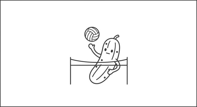 Funny cartoon pickle playing volleyball over the net, healthy food concept