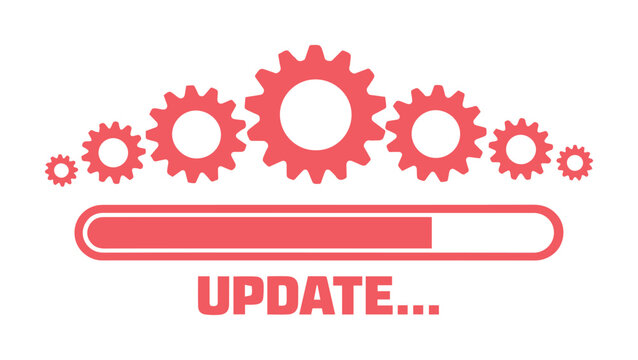 Red update progress bar with gears, system upgrade process, software installation, data loading, and maintenance graphic vector